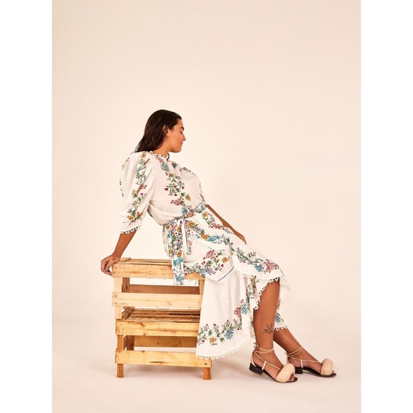 Farm Rio Sz S Louise Wrap Skirt White Floral Midi Ruffle Botanical Print Cotton - Picture 2 of 12
